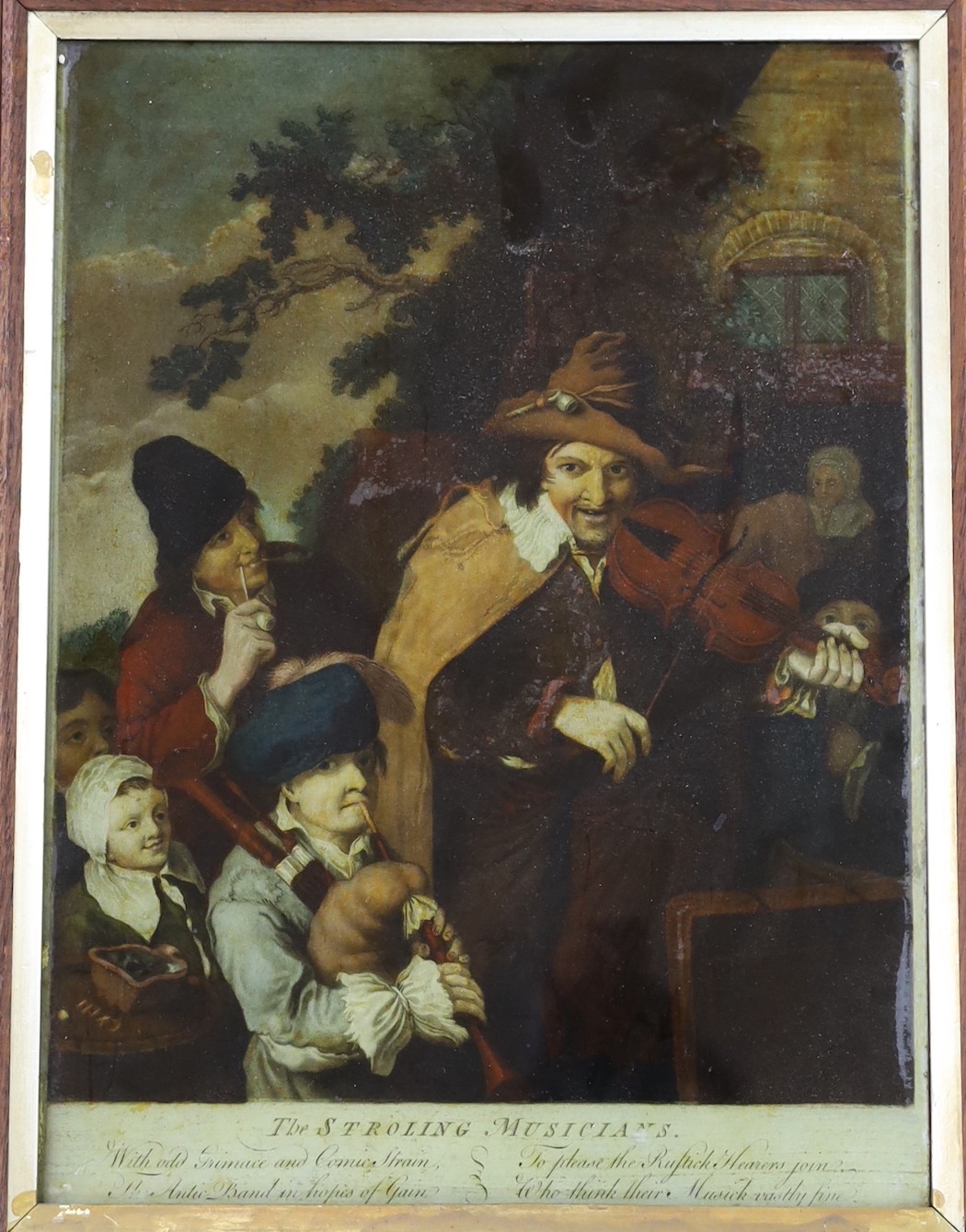 Two early 19th century reverse painted prints on glass, 'The Strolling Musician' and 'St Mark', 34 x 24cm